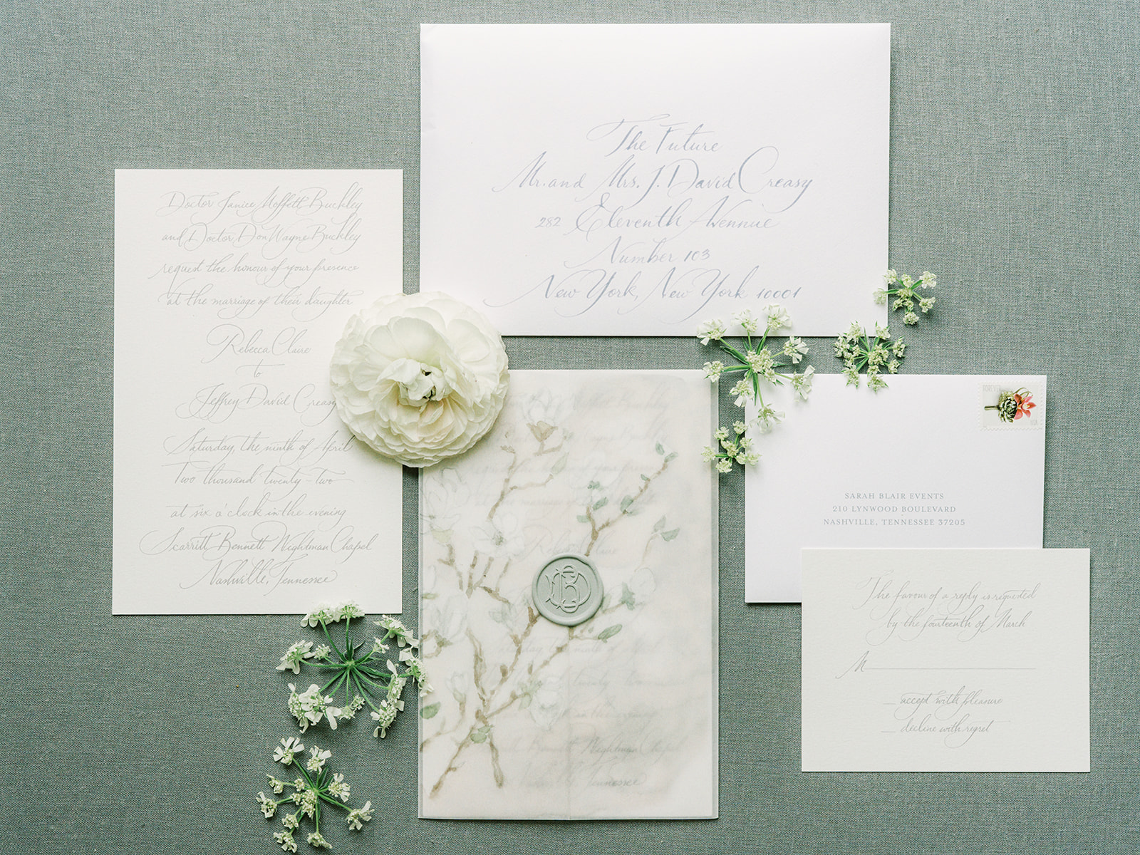 Elegant and classic spring southern wedding in downtown Nashville, TN Scarritt Bennett Center. Garden-inspired spring wedding in colors of white, green, and lavender featuring spring fruiting branches,  peonies, roses, ranunculus. Design by Rosemary and Finch Floral Design in Nashville, TN.