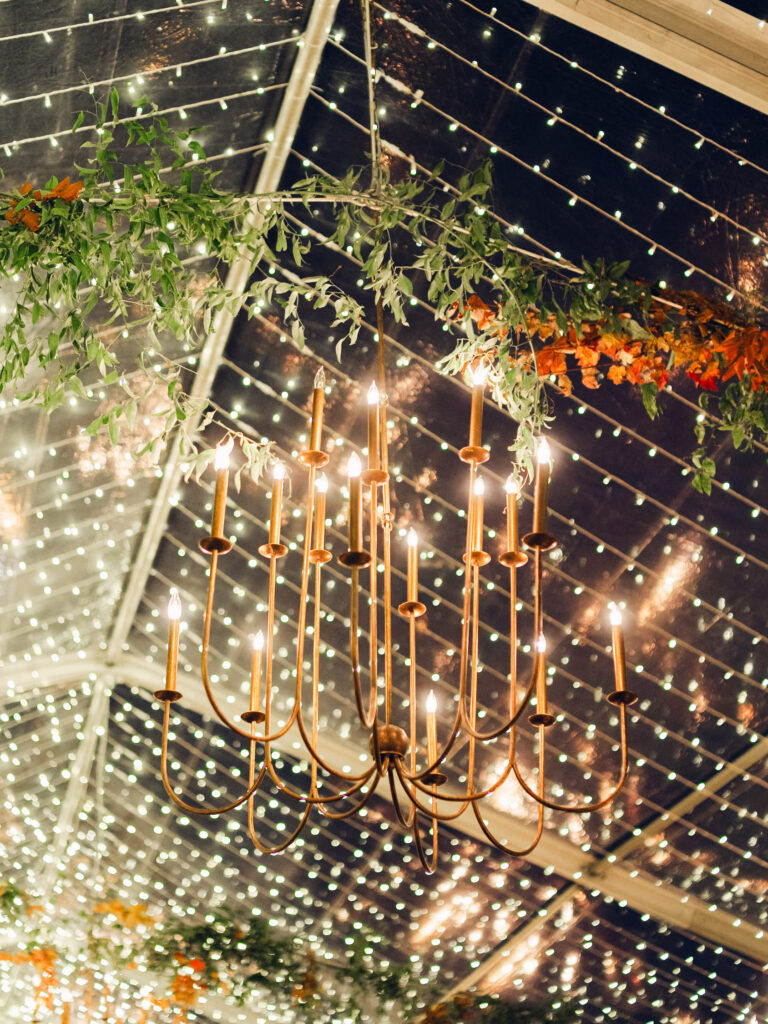 Tent ceiling foliage for outdoor fall wedding reception. Unique fall branches line the tent of this outdoor wedding reception in Tennessee countryside. Fall foliage and hanging chandeliers with twinkling lights decorate the tent of this wedding reception. Design by Rosemary & Finch Floral Design in Nashville, TN.