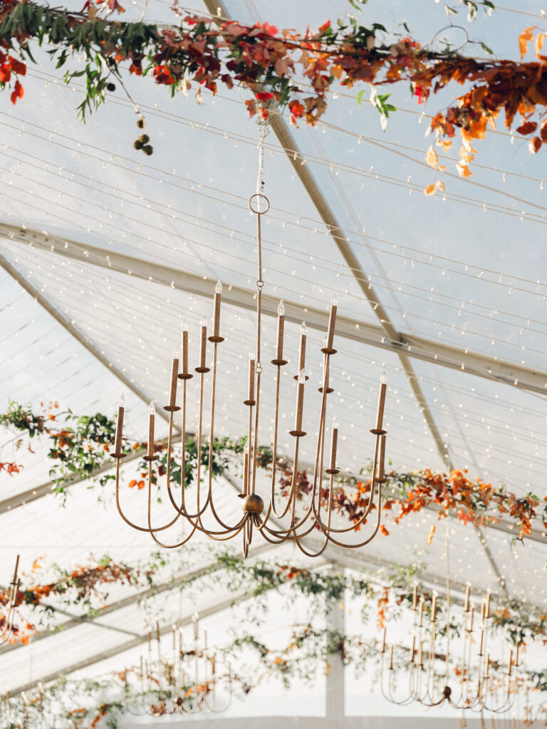 Tent ceiling foliage for outdoor fall wedding reception. Unique fall branches line the tent of this outdoor wedding reception in Tennessee countryside. Fall foliage and hanging chandeliers with twinkling lights decorate the tent of this wedding reception. Design by Rosemary & Finch Floral Design in Nashville, TN.