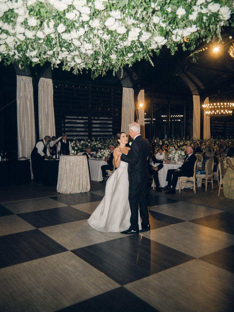 Glamorous, all-white hydrangea floral installation creates a stunning focal point for a reception dance floor. Hundreds of hydrangeas are accompanied with olive branches and other greenery for a lush, romantic feel inside a glass-tented reception at Cheekwood. Garden-like meadows line the stage front consisting of all-white garden roses, hydrangeas, spray roses, riceflower, stock and delphinium. Design by Rosemary & Finch Floral Design in Nashville, TN.