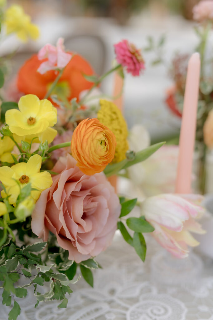 A mix of lush, garden-like floral centerpieces create a colorful display across tables under a canvas tent for a Sewanee wedding reception. Compotes, bud vases and ikebana arrangements overflow with garden roses, moab roses, icelandic poppies, lisianthus, tulips, dahlias, ranunculus, scabiosa, zinnias, sweet peas, oncidium and more in shades of peach, red, apricot and yellow. Lush greenery is suspended around light pendants under the tent. Design by Rosemary and Finch Floral Design in Nashville, TN.
